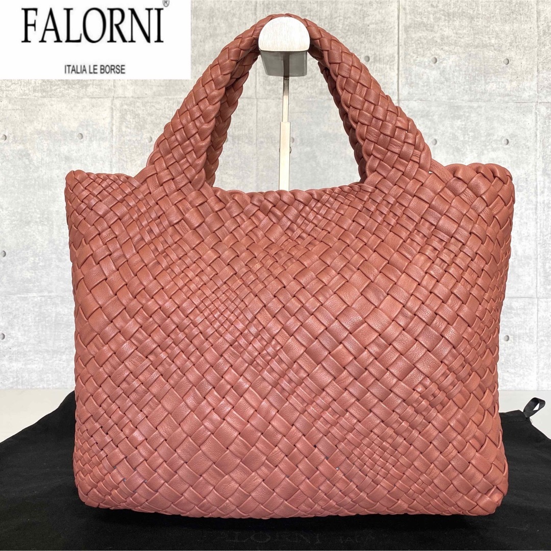 【美品】FALORNI イントレチャート ローズピンク ラムレザー トートバッグ