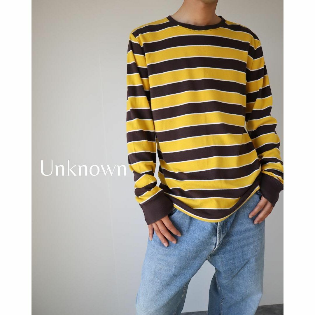 【Unknown】黄×茶 太ボーダー ニット生地 長袖 カットソー ロンT XL | フリマアプリ ラクマ