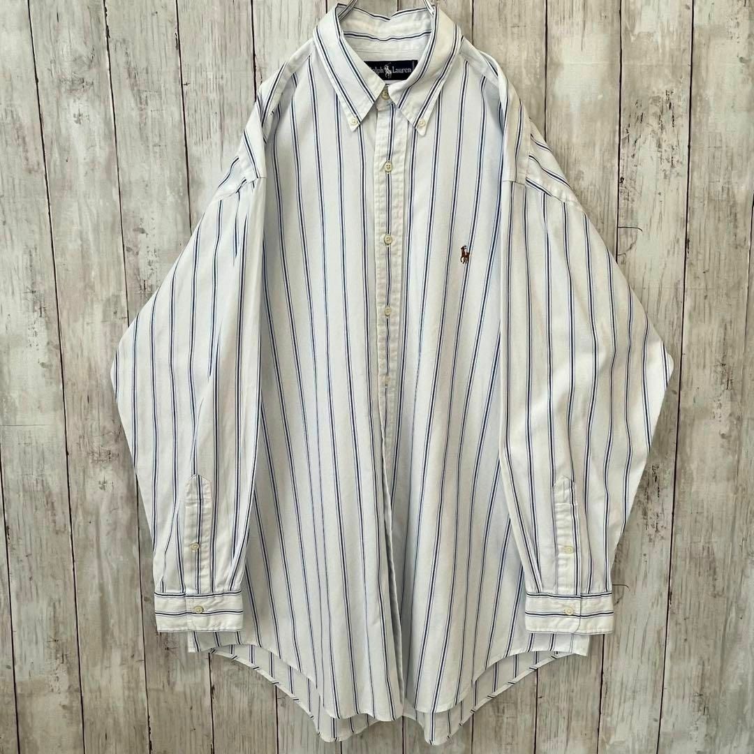 90sヴィンテージ　ラルフローレンカラーポロ刺繍ストライプBDシャツ　白青系 1