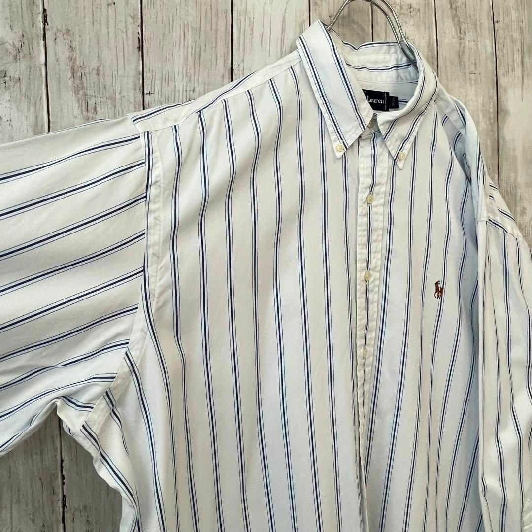 90sヴィンテージ　ラルフローレンカラーポロ刺繍ストライプBDシャツ　白青系
