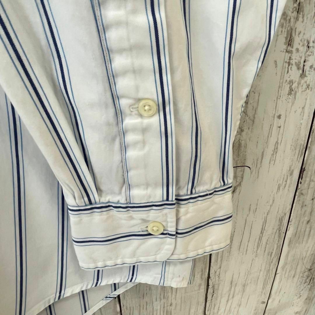 90sヴィンテージ　ラルフローレンカラーポロ刺繍ストライプBDシャツ　白青系 5