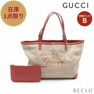 グッチ(Gucci)のCRAFT ラージ ショルダーバッグ トートバッグ リネン レザー グレーベージュ オレンジレッド(トートバッグ)