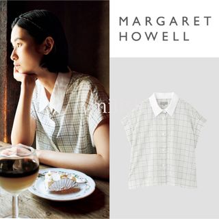 マーガレットハウエル(MARGARET HOWELL)の極美品 2023 マーガレットハウエル コットンチェック リネン襟付きシャツ(シャツ/ブラウス(半袖/袖なし))