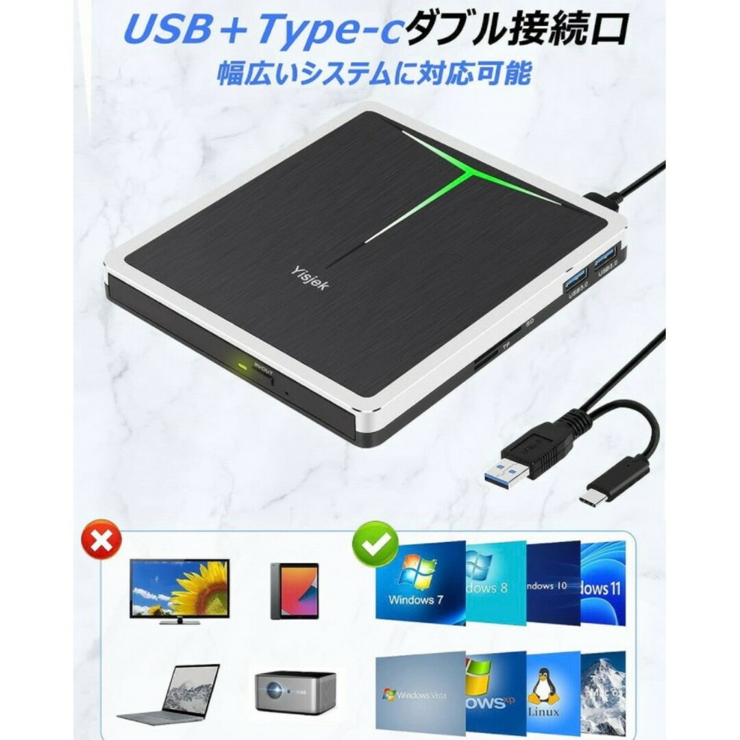 外付け DVDドライブ USB Type-C CD DVD SD TF 2US