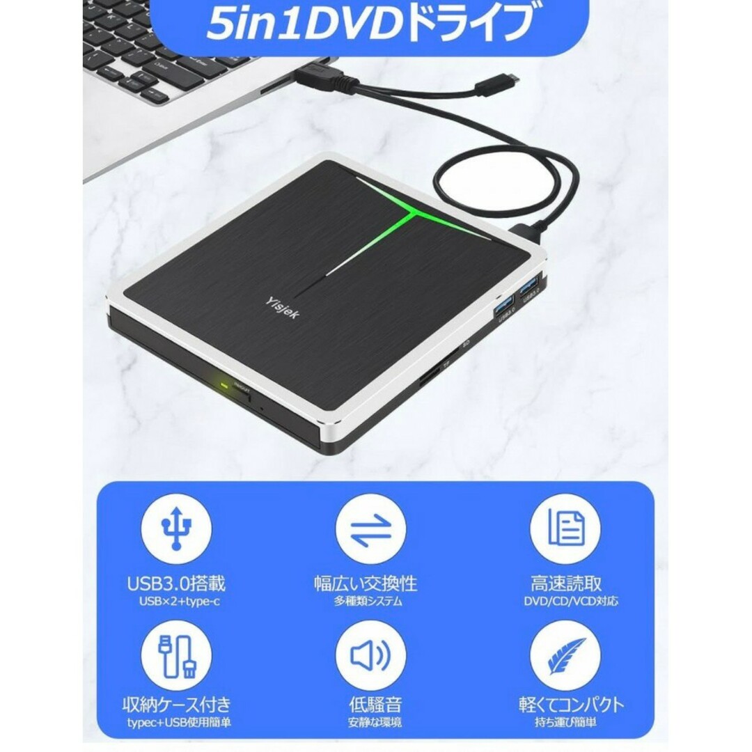 外付け DVDドライブ USB Type-C CD DVD SD TF 2US