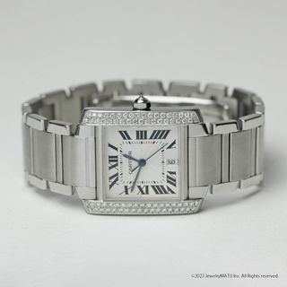 内部点検済 Cartier カルティエ タンクフランセーズ LM W51002Q3 デイト シルバー ギョーシェ 2重ダイヤベゼル SS ステンレス アフターダイヤ メンズ 自動巻き 【6ヶ月保証】【腕時計】