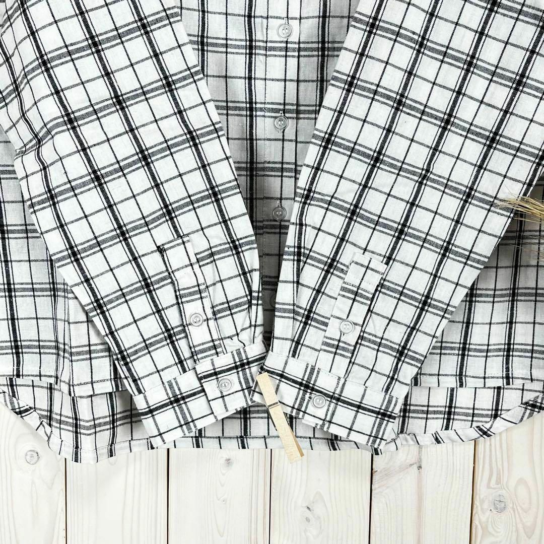新品 襟タックフリル シャツ ブラウス 麻 綿 ウィンドペンチェック M L レディースのトップス(シャツ/ブラウス(長袖/七分))の商品写真