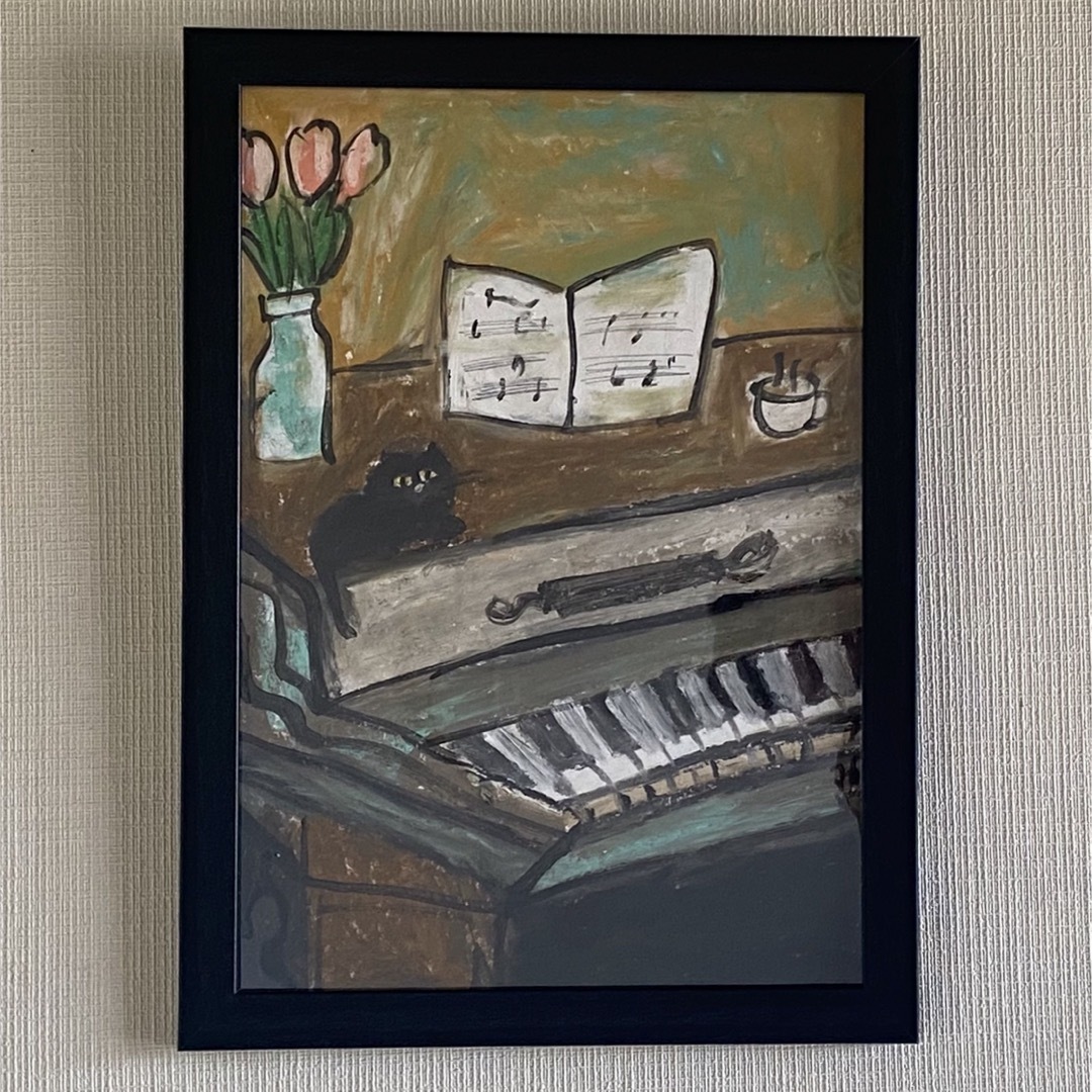 絵画。壁掛け原画【ピアノ部屋で音楽を聴くのが好きなかわいい黒猫】ウェルカムボード