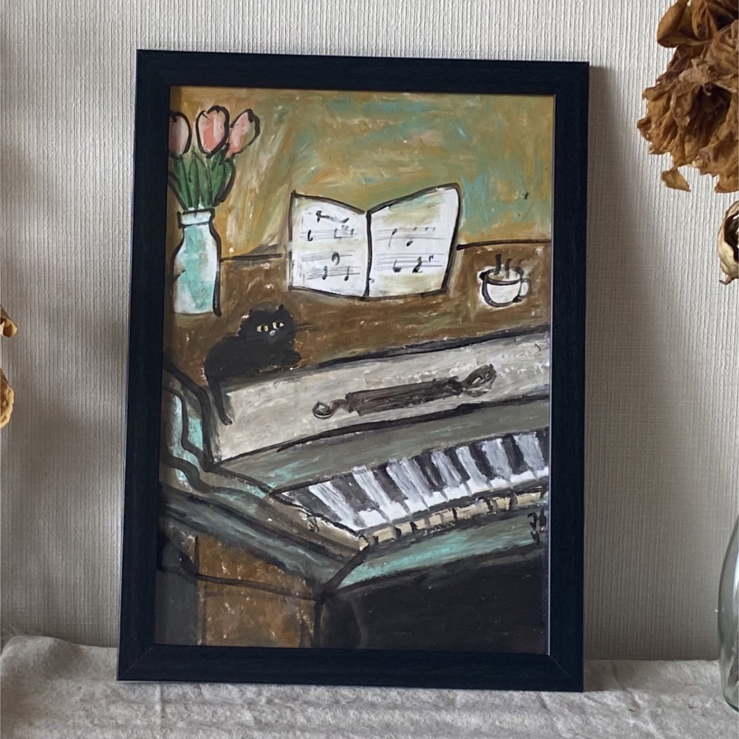 絵画。壁掛け原画【ピアノ部屋で音楽を聴くのが好きなかわいい黒猫