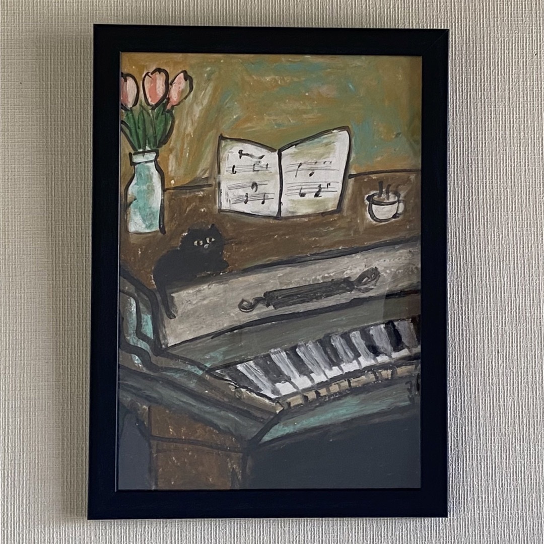 絵画。壁掛け原画【ピアノ部屋で音楽を聴くのが好きなかわいい黒猫