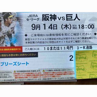 甲子園巨人最終戦　阪神 vs 巨人9月19日日曜日 レフト外野シートペア