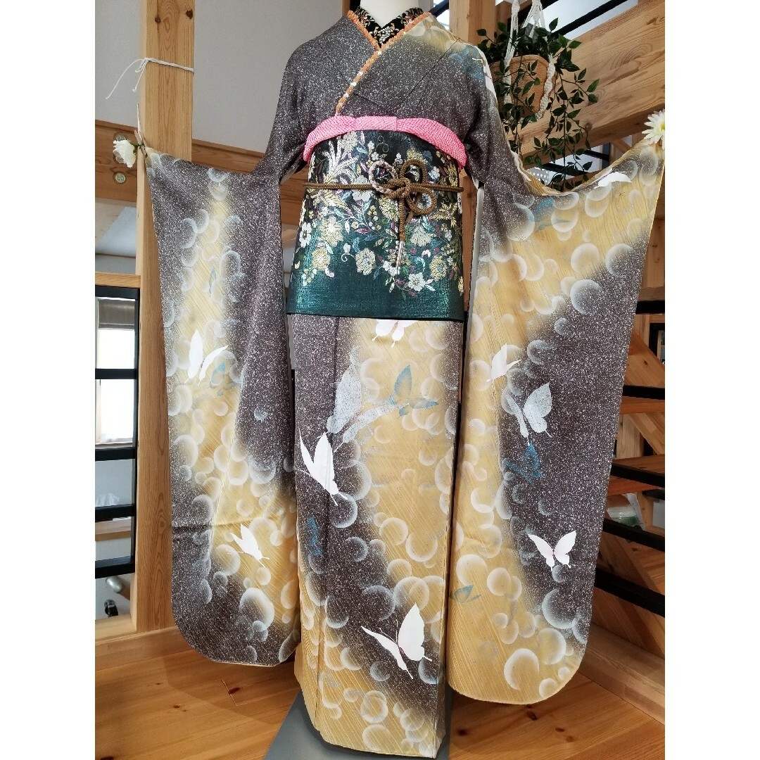 美品 たたき染め 茶系 蝶 振袖6点セット 正絹 トールサイズ-