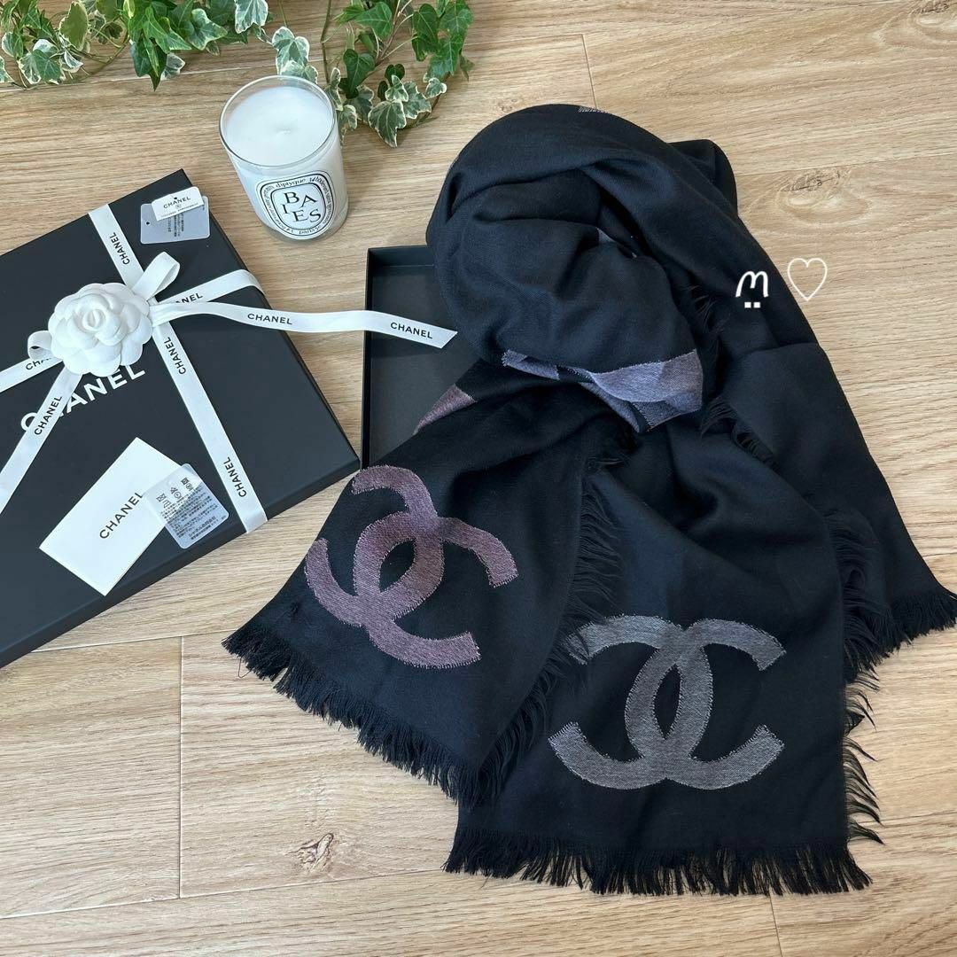 CHANEL シャネル　COCOマーク　カシミア　ストール　水色eeeeemi