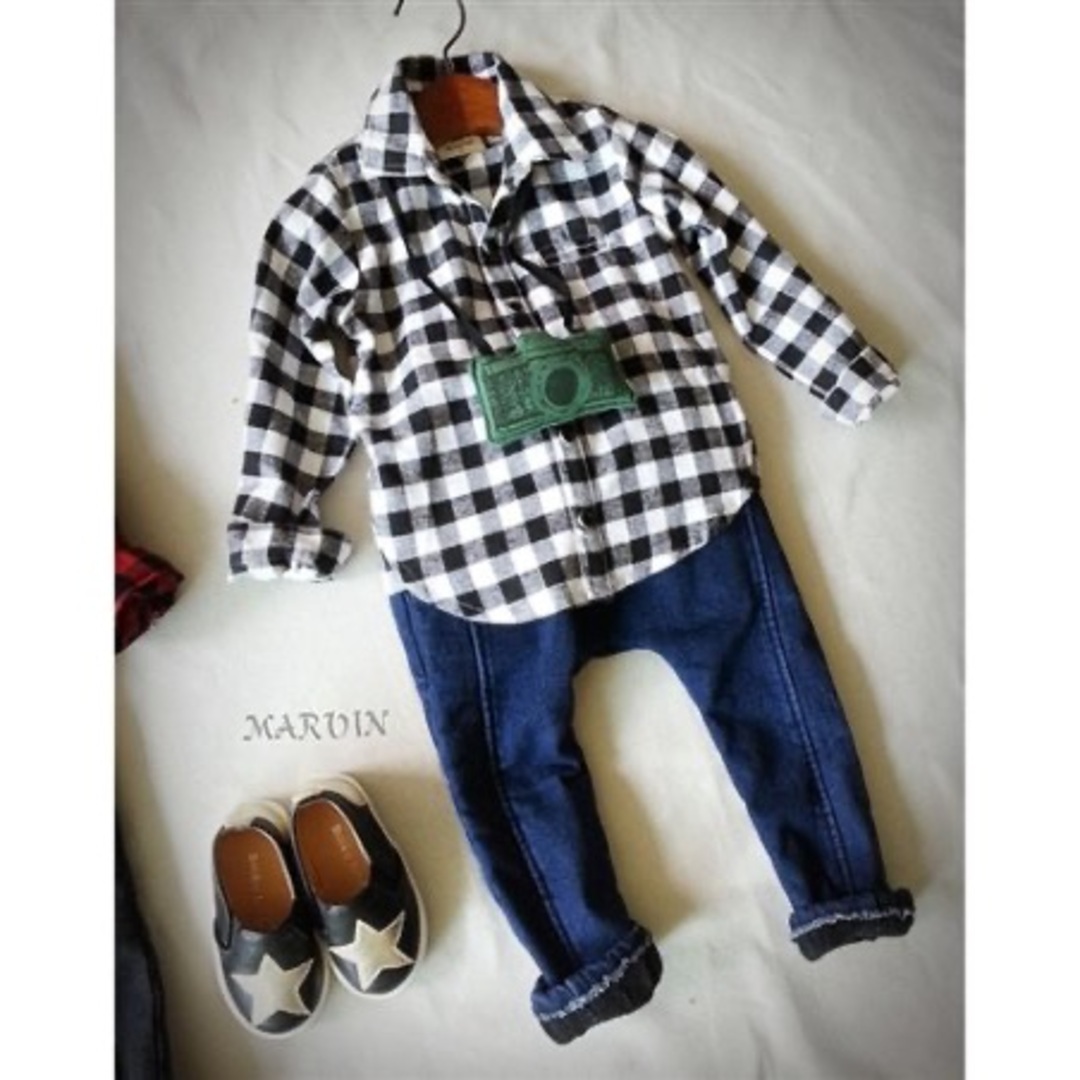 韓国子供服 ワンポケットギンガムチェックシャツ キッズ/ベビー/マタニティのキッズ服男の子用(90cm~)(ブラウス)の商品写真