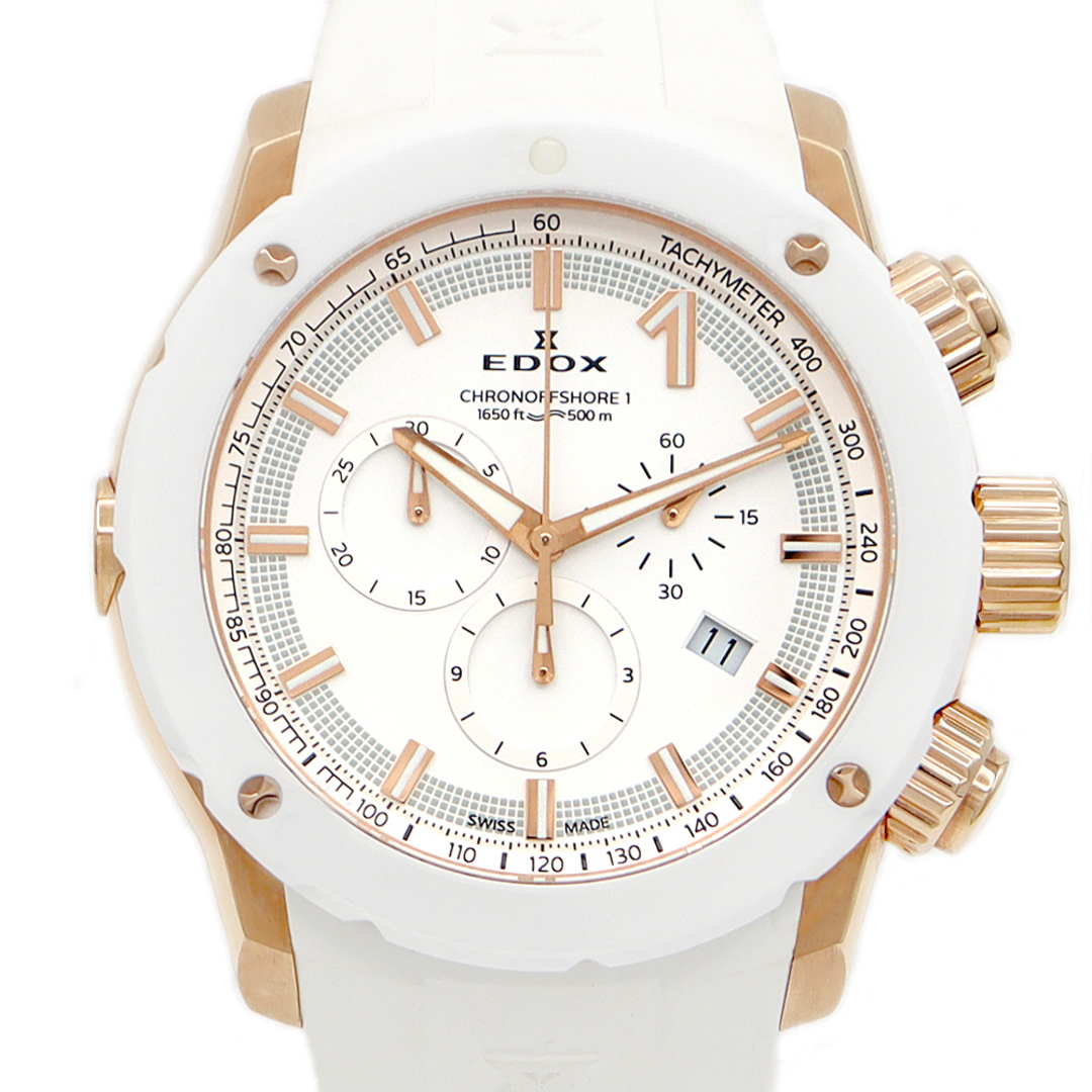 約W45mm腕周り電池交換済 EDOX エドックス クロノオフショア1 クロノグラフ 10221 デイト 500ｍ防水 白 ホワイト ローズゴールド SS ステンレス セラミック 純正ベルト 純正尾錠 メンズ クォーツ【6ヶ月保証】【腕時計】