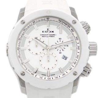 エドックス(EDOX)の電池交換済 EDOX エドックス クロノオフショア1 クロノグラフ 10221 デイト 500ｍ防水 白 ホワイト SS ステンレス セラミック 純正ベルト 純正尾錠 メンズ クォーツ【6ヶ月保証】【腕時計】【中古】(腕時計(アナログ))