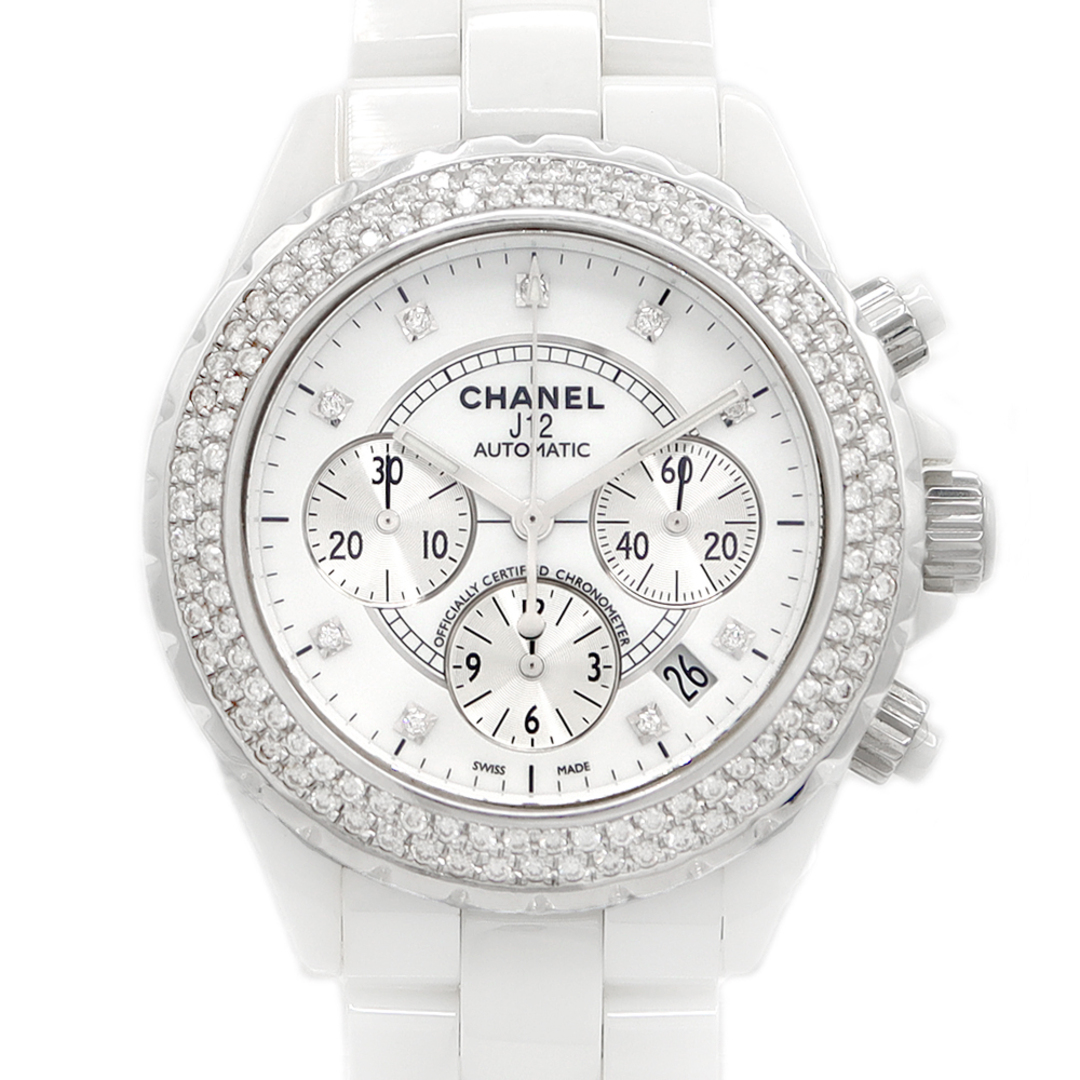 内部点検済 CHANEL シャネル J12 41mm クロノグラフ H2009 デイト 純正9Pダイヤ 2重ダイヤベゼル 白 ホワイト CE セラミック SS ステンレス アフターダイヤモンド メンズ 自動巻き【6ヶ月保証】【腕時計】