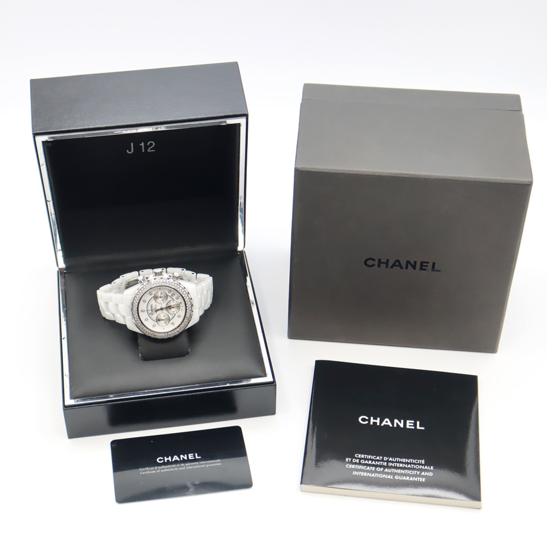 内部点検済 CHANEL シャネル J12 41mm クロノグラフ H2009 デイト 純正9Pダイヤ 2重ダイヤベゼル 白 ホワイト CE セラミック SS ステンレス アフターダイヤモンド メンズ 自動巻き【6ヶ月保証】【腕時計】