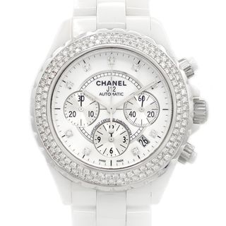 シャネル(CHANEL)の内部点検済 CHANEL シャネル J12 41mm クロノグラフ H2009 デイト 純正9Pダイヤ 2重ダイヤベゼル 白 ホワイト CE セラミック SS ステンレス アフターダイヤモンド メンズ 自動巻き【6ヶ月保証】【腕時計】【中古】(腕時計(アナログ))