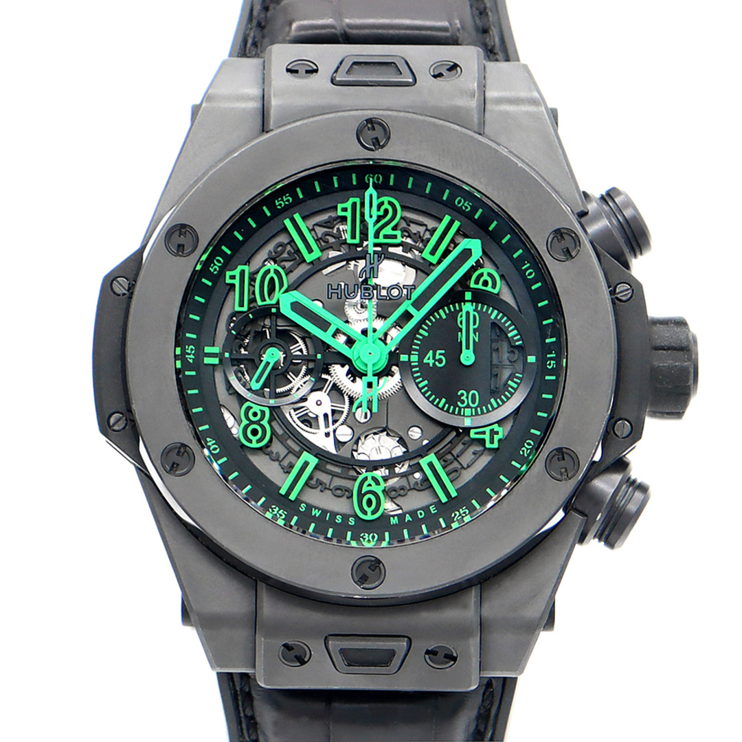 HUBLOT(ウブロ)のHUBLOT ウブロ ウニコ オールブラック グリーン クロノグラフ 411.CI.1190.LR.ABG14 ブティック限定100本 黒 ブラック スケルトン TI チタン CE セラミック 純正ベルト 純正尾錠 メンズ 自動巻き【6ヶ月保証】【腕時計】【中古】 メンズの時計(腕時計(アナログ))の商品写真