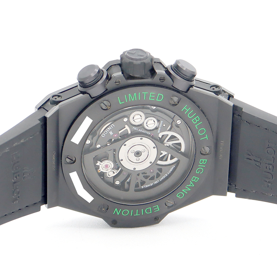 HUBLOT(ウブロ)のHUBLOT ウブロ ウニコ オールブラック グリーン クロノグラフ 411.CI.1190.LR.ABG14 ブティック限定100本 黒 ブラック スケルトン TI チタン CE セラミック 純正ベルト 純正尾錠 メンズ 自動巻き【6ヶ月保証】【腕時計】【中古】 メンズの時計(腕時計(アナログ))の商品写真