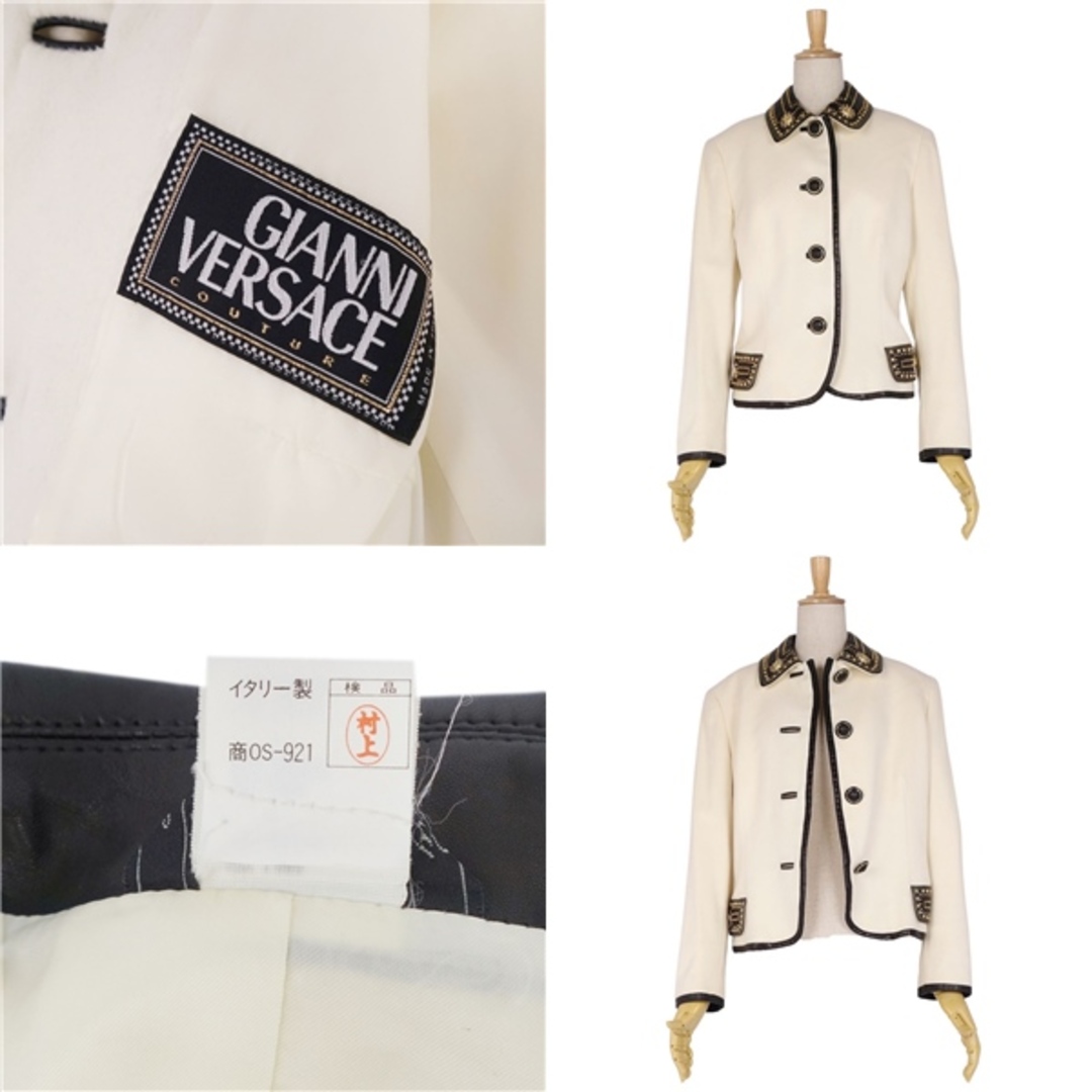 表記サイズ9美品 Vintage ジャンニヴェルサーチ GIANNI VERSACE ジャケット レザー切り替え スタッズ メデューサ ウール アンゴラ アウター レディース 9(M相当) ホワイト/ブラック