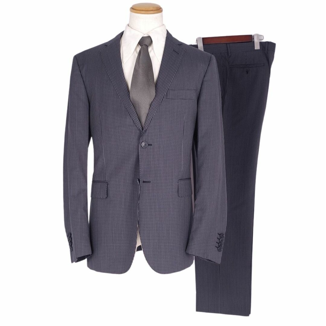 ETRO(エトロ)の美品 エトロ ETRO セットアップ シングル スーツ チェック ウール シルク ジャケット パンツ メンズ 52(L相当) ネイビー メンズのスーツ(セットアップ)の商品写真
