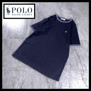 ポロラルフローレン(POLO RALPH LAUREN)の90s ラルフローレン リンガー Tシャツ ワンポイント刺繍ロゴ ネイビー M(Tシャツ/カットソー(半袖/袖なし))