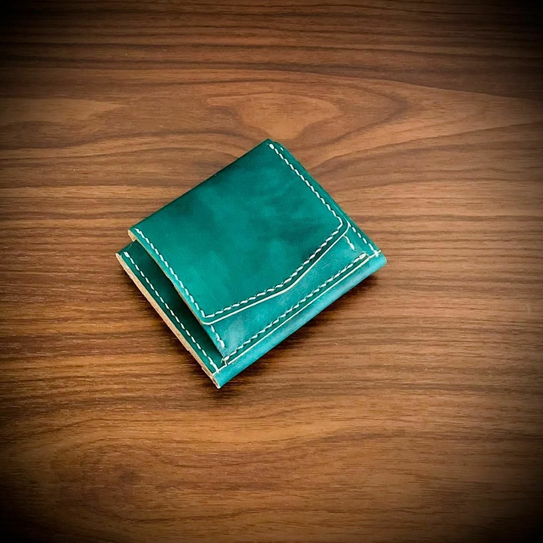 総手縫い メンズ財布 ミニ財布 小さい財布 本革 ハンドメイド アクアグリーン メンズのファッション小物(折り財布)の商品写真