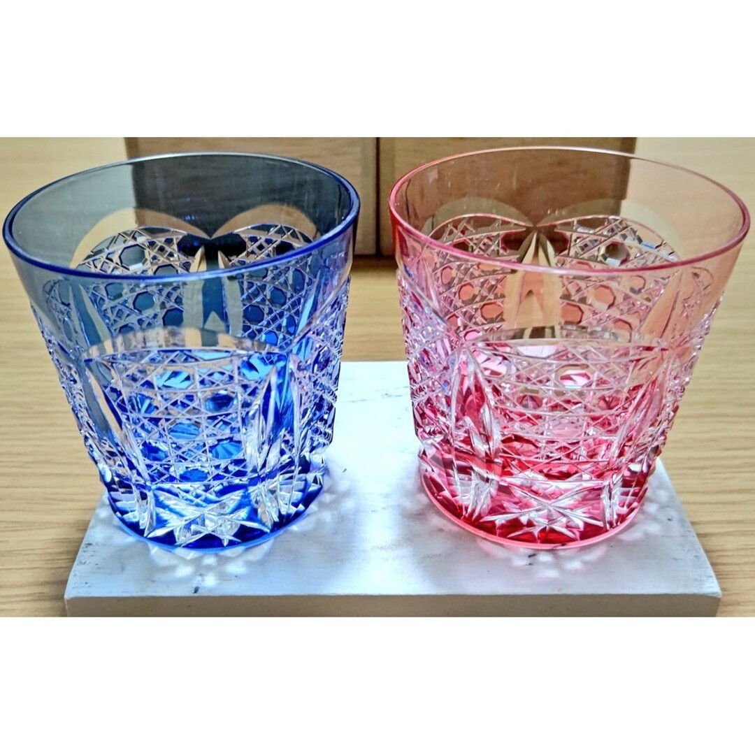 美品 ◆ カガミクリスタル　木村秋男デザイン　ロックグラス　ブルー　ペア　箱つき