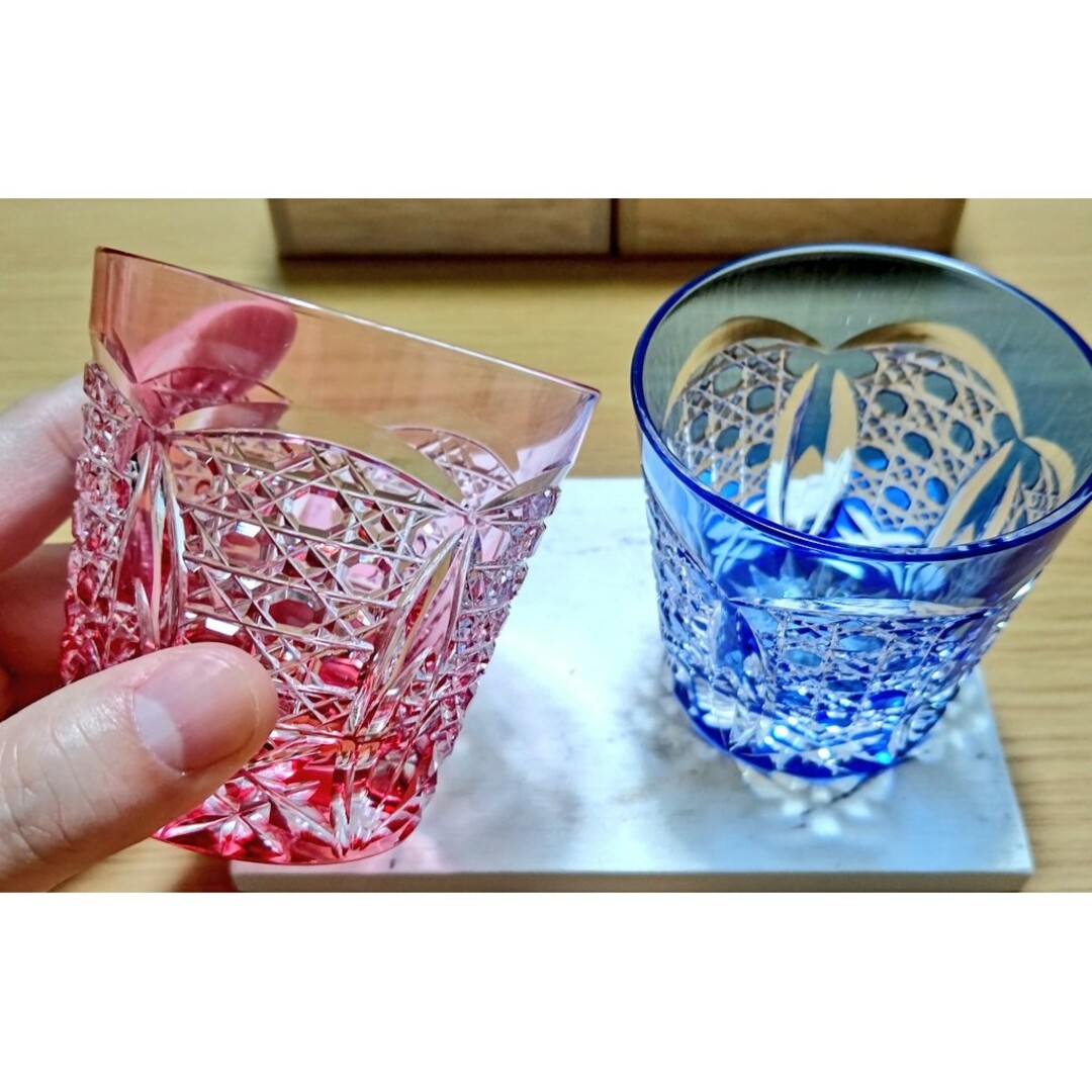 美品 ◆ カガミクリスタル　木村秋男デザイン　ロックグラス　ブルー　ペア　箱つき