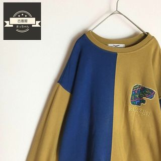 【スウェット】バイカラー マスタード 青 刺繍デザイン Lサイズ ゆるダボ 古着(スウェット)