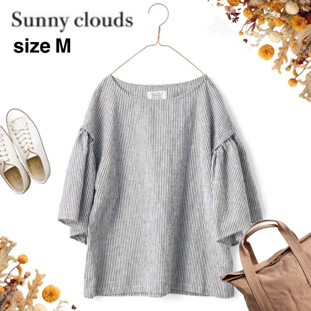 Sunny clouds（FELISSIMO）(サニークラウズ)の@【M】サニークラウズ 袖フリル ストライプ 綿麻 ブラウス レディースのトップス(シャツ/ブラウス(半袖/袖なし))の商品写真