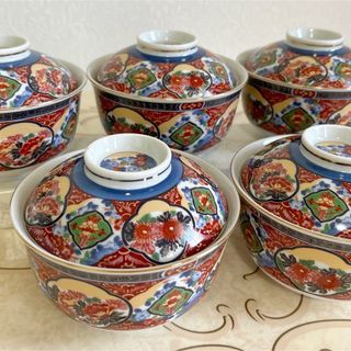 有田焼 明国窯 蓋付き丼ぶり 5客セット 古伊万里 赤絵 色絵 第一陶器 金彩
