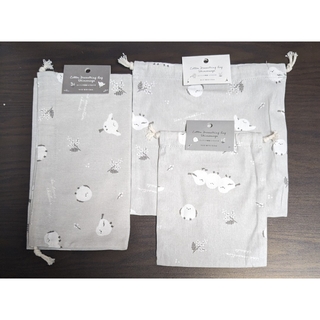 シマエナガ コットン巾着袋 グレー サイズ3種類(ランチボックス巾着)