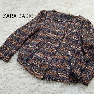 ザラ(ZARA)のZARA BASICミックスツイード七分袖ライダースデザインジャケット海外M(ライダースジャケット)