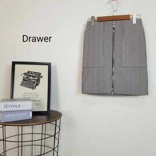 ドゥロワー(Drawer)の美品Drawerパッチポケットヒッコリーストライプタイトミニスカート34白灰色(ミニスカート)