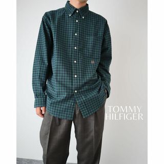 トミーヒルフィガー(TOMMY HILFIGER)の【トミーヒルフィガー】ブロックチェック 柄 ボタンダウン 長袖 シャツ 緑 L(シャツ)