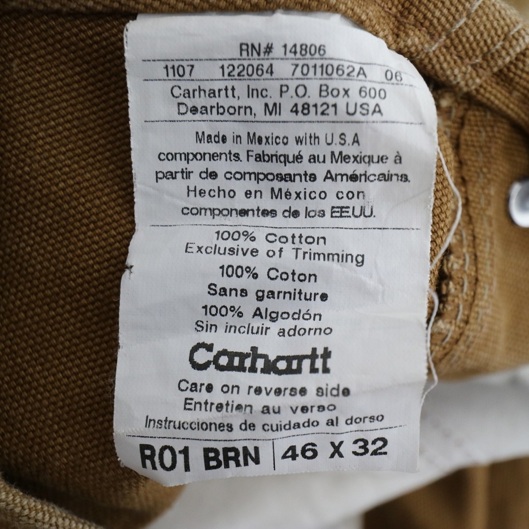 carhartt(カーハート)のSALE/ 2000年代 メキシコ製 Carhartt Bib Carpenter Overalls ワーク ストリート ダック地 ブラウン系 (メンズ 46×32) 中古 古着 N5700 メンズのパンツ(サロペット/オーバーオール)の商品写真