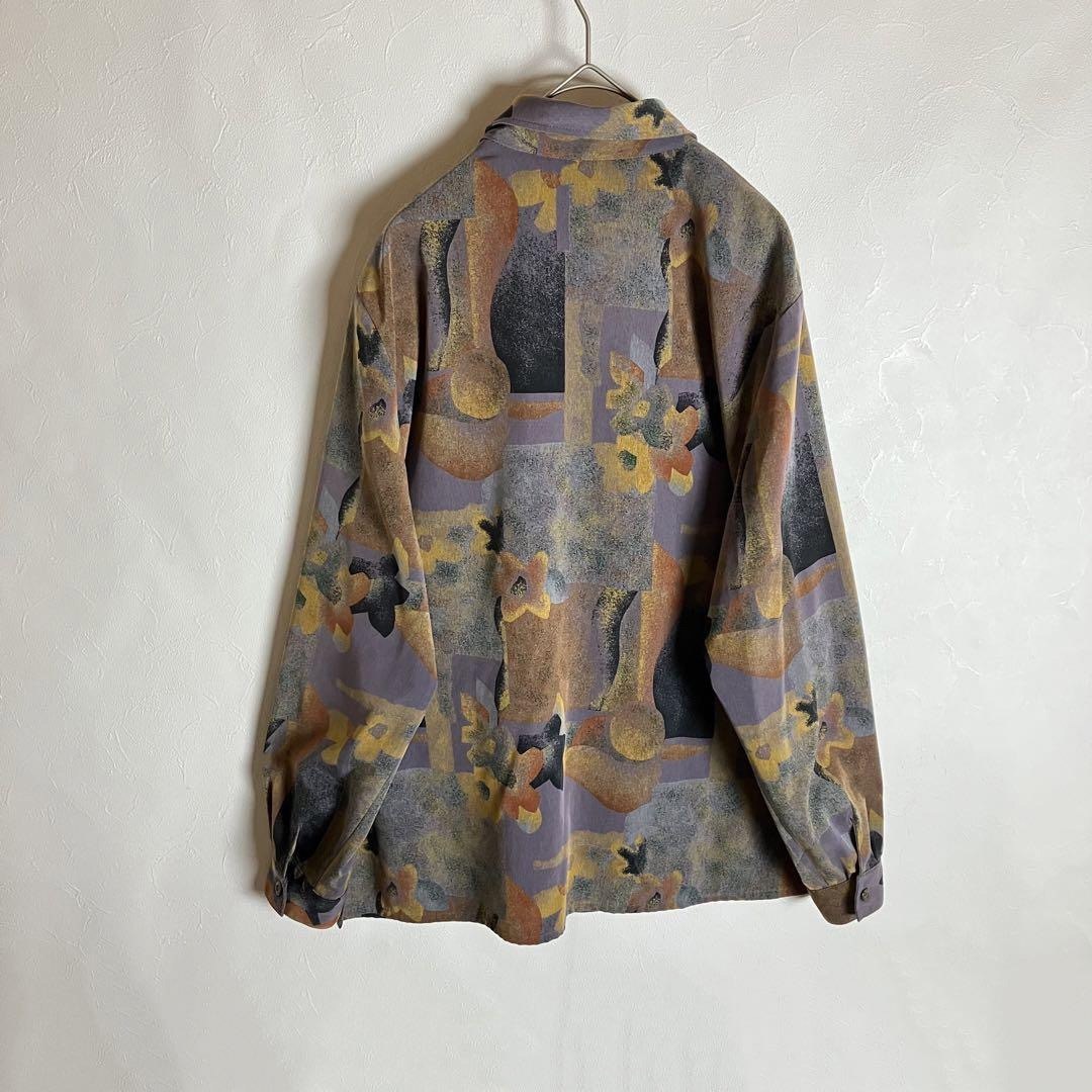 80s ビンテージ古着 総柄シャツ レトロボタン アート 紫 アイロン不要
