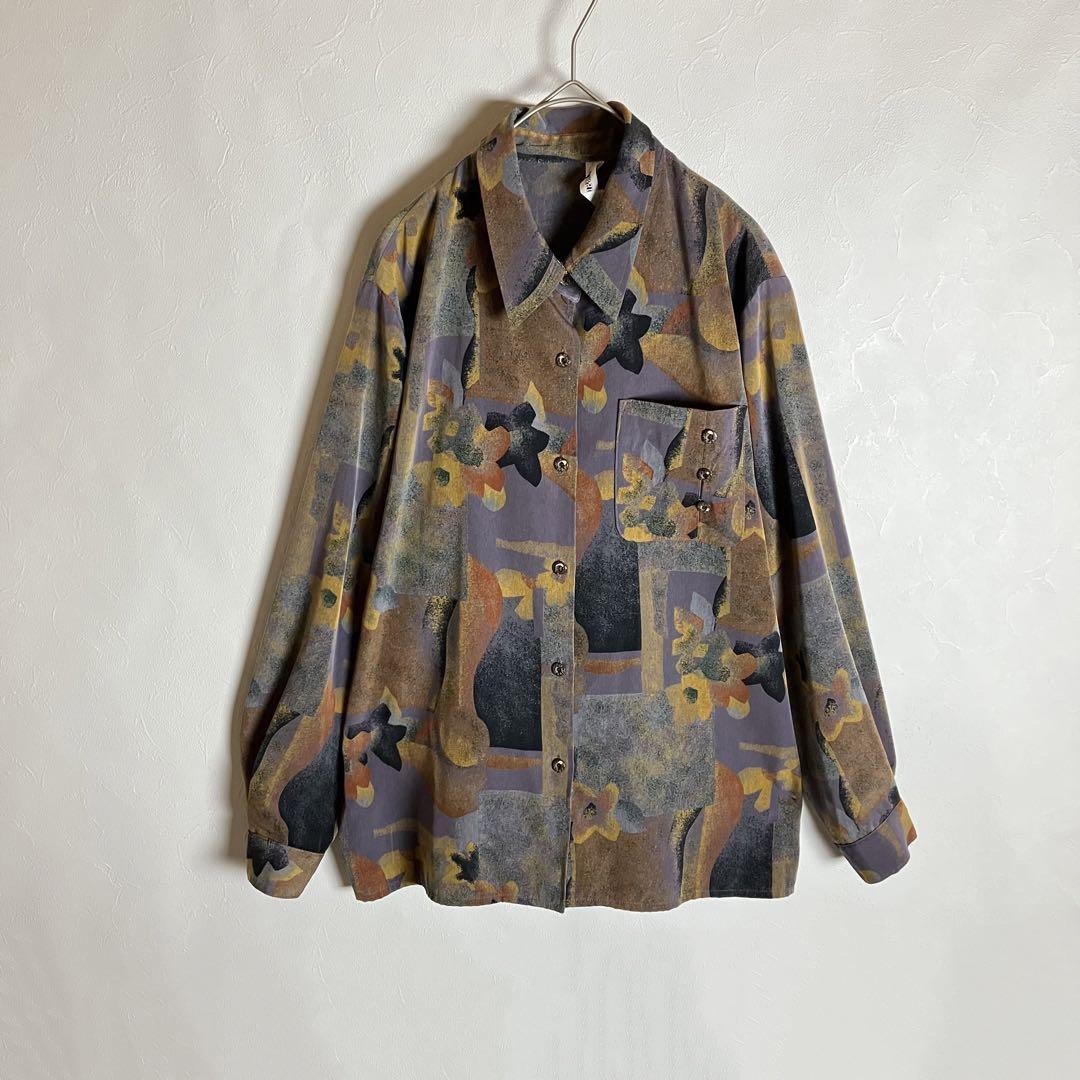 80s ビンテージ古着 総柄シャツ レトロボタン アート 紫 アイロン不要
