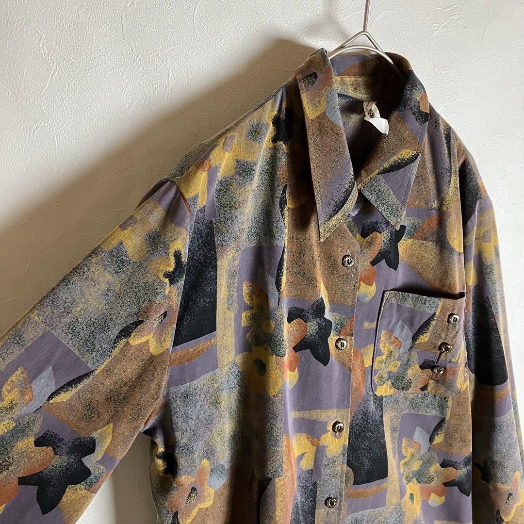80s ビンテージ古着 総柄シャツ レトロボタン アート 紫 アイロン不要