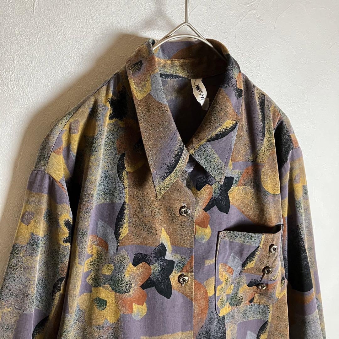 80s ビンテージ古着 総柄シャツ レトロボタン アート 紫 アイロン不要