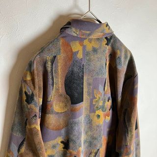 80s ビンテージ古着 総柄シャツ レトロボタン アート 紫 アイロン不要