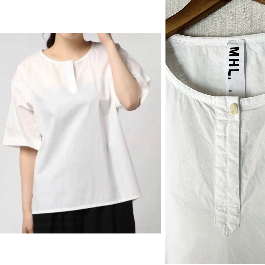 MHL.  ■ ノーカラー プルオーバーシャツ 半袖 ブラウス