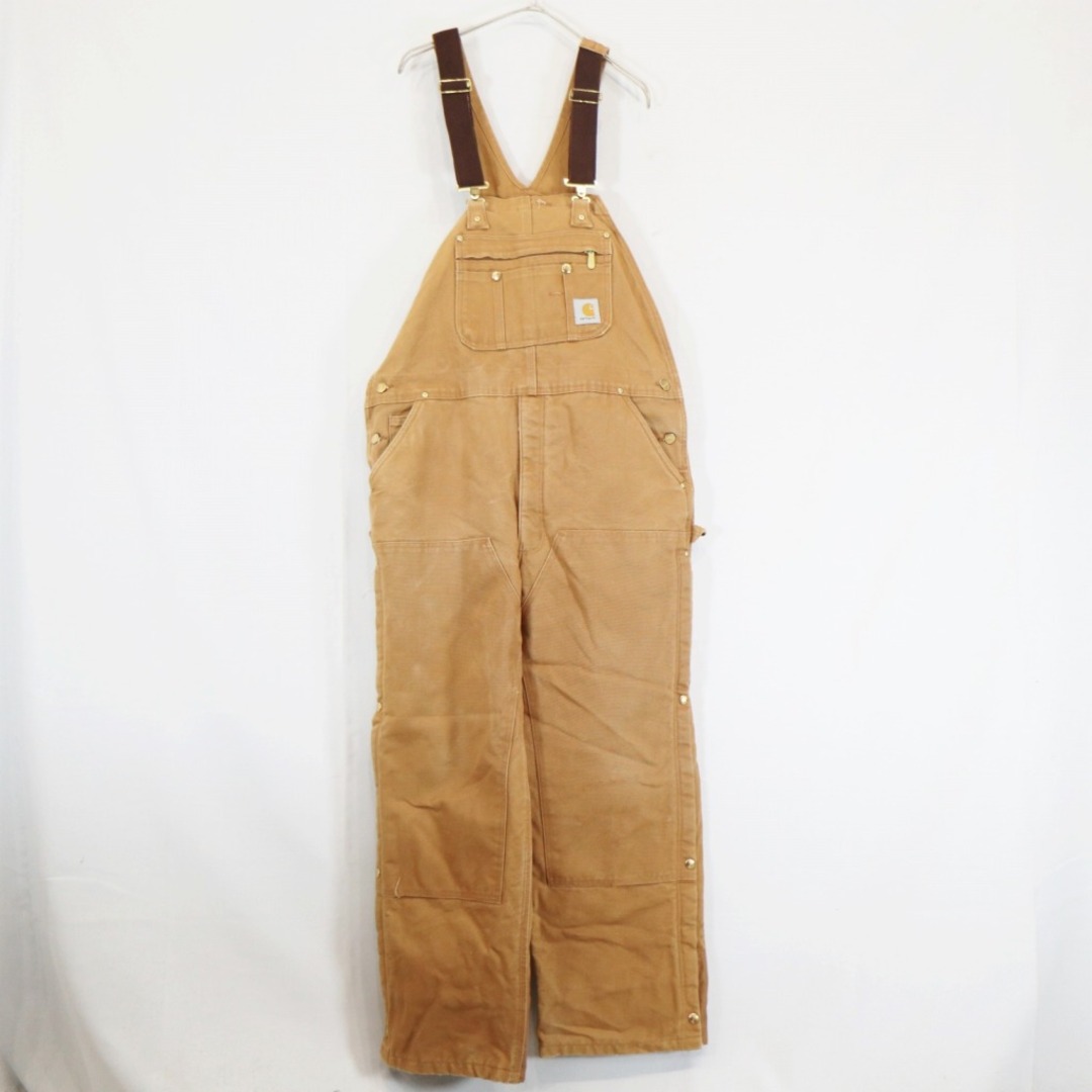 90年代 メキシコ製 Carhartt カーハート オーバーオール  ワーク  ダック地 裏地キルティング ベージュ (メンズ 42×32)   N5839約26cm