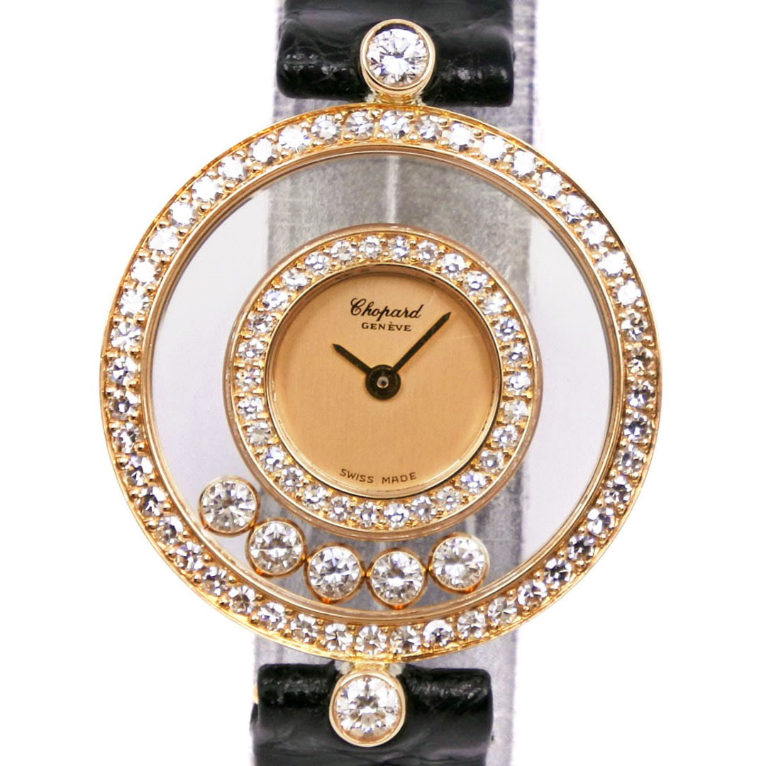 【Chopard】ショパール ハッピーダイヤ 20/3957 K18イエローゴールド×クロコダイル×ダイヤモンド 黒 クオーツ アナログ表示 レディース ゴールド文字盤 腕時計