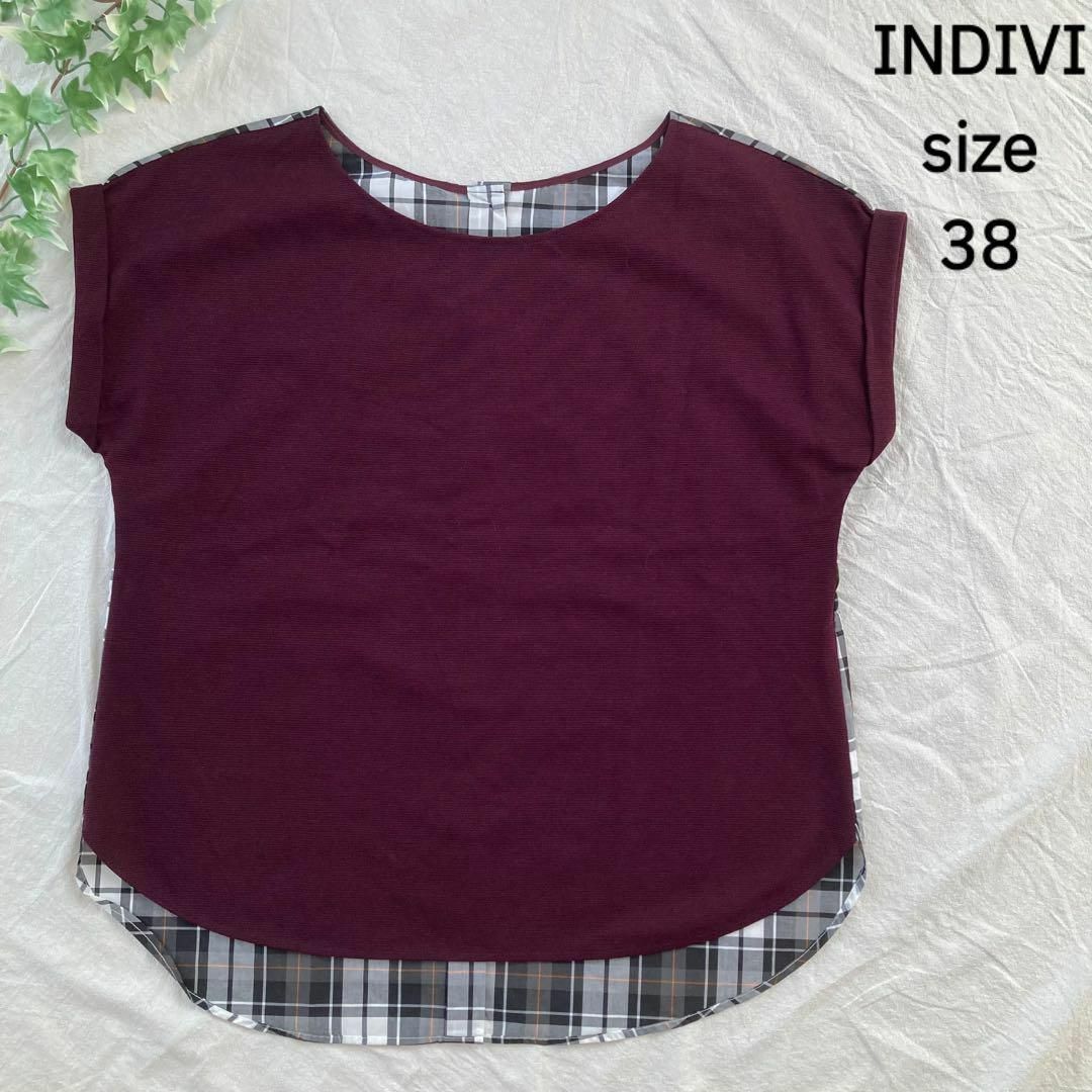 INDIVI(インディヴィ)のINDIVI インディヴィ 異素材 チェック ブラウス 日本製  ワールド 38 レディースのトップス(カットソー(半袖/袖なし))の商品写真