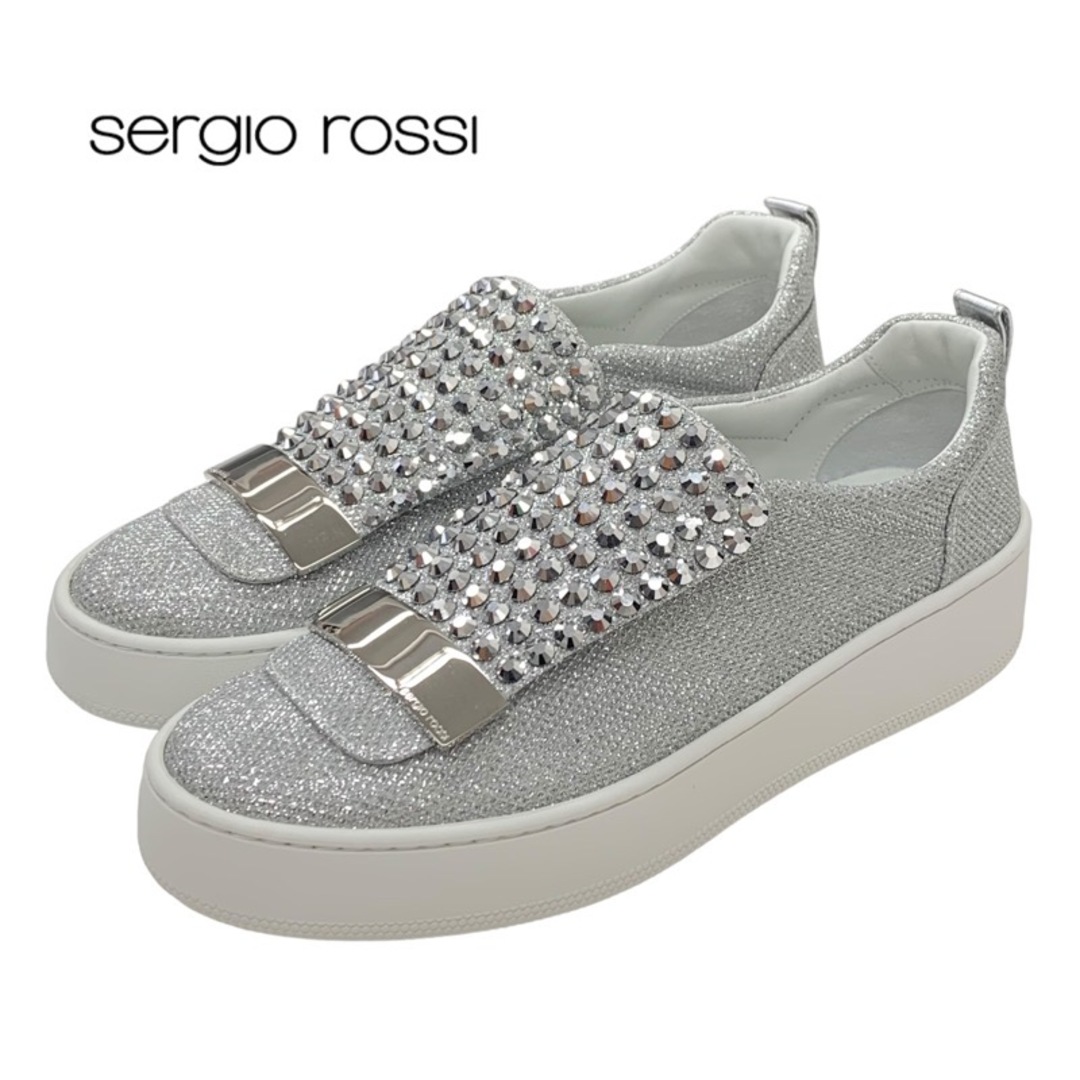 未使用 セルジオロッシ sergio rossi SR1 ADDICT スニーカー 靴 シューズ レザー シルバー ホワイト プレート スタッズ ラメ