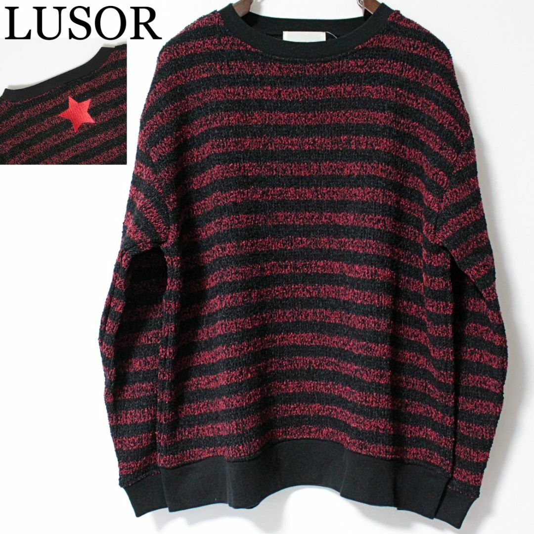 新品 LUSOR ルーソル 刺繍ワッペン ボーダーセーター Lサイズ 赤黒系平置き着丈70cm肩幅